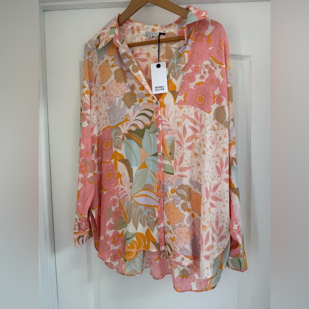 Rose & Olive Women's Button-Down Shirt - Pink, Orange, Brown Floral